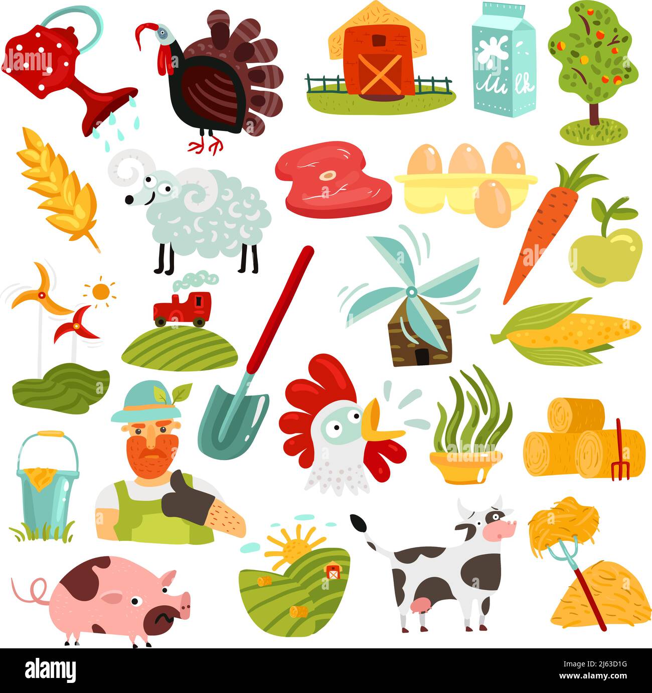 Ensemble d'éléments de ferme avec champs verts et foin, récolte, animaux, moulins à vent, produits frais illustration vectorielle isolée Illustration de Vecteur