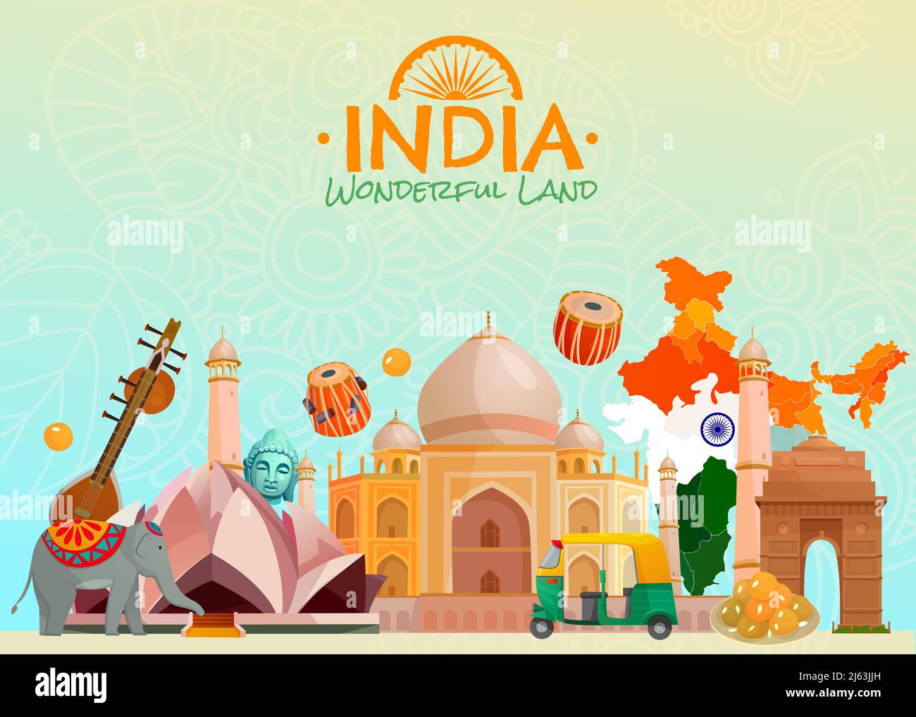 Poster de voyage coloré avec le temple taj mahal lotus rickshaw et autres symboles de merveilleux pays inde dessin animé illustration vectorielle Illustration de Vecteur