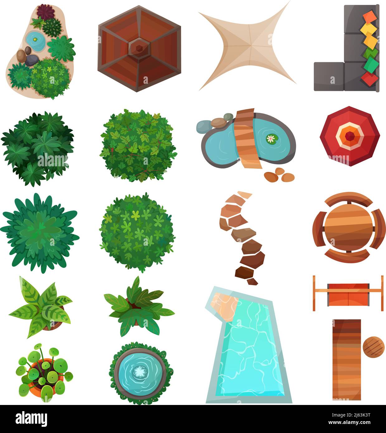 Ensemble d'éléments de conception de paysage vue de dessus avec plantes vertes, piscine, parasols, illustration vectorielle isolée de trottoir Illustration de Vecteur