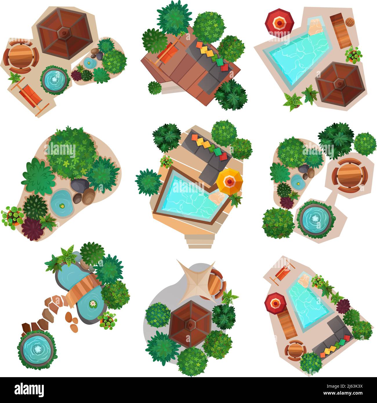 Compositions de paysage vue de dessus ensemble avec étang ou piscine, arbres et arbustes, mobilier de jardin illustration vectorielle isolée Illustration de Vecteur