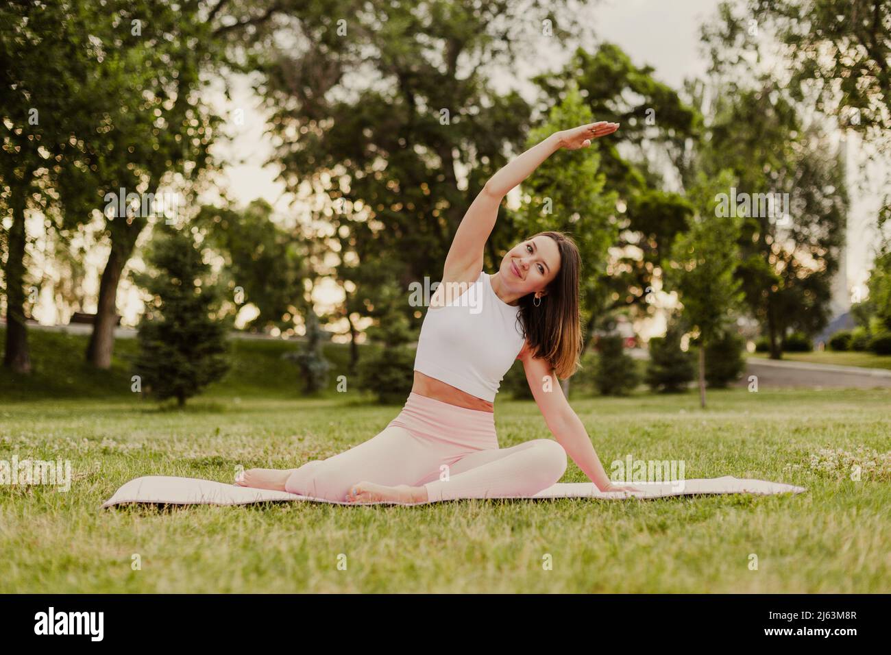 Une jeune femme sportive pratique le yoga sur un tapis de gymnastique dans un parc vert sur l'herbe. Faites des plis latéraux et étirez les muscles dans les vêtements de sport, l'arrière-plan de la nature Banque D'Images