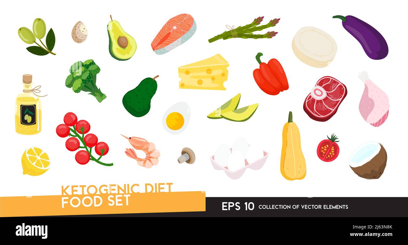 Ensemble de plats à base de kéto. Produits de base de régime cétogène dans le style de dessin animé plat isolé sur fond blanc. Collection d'illustrations vectorielles de la nourriture de Keto Diet Illustration de Vecteur