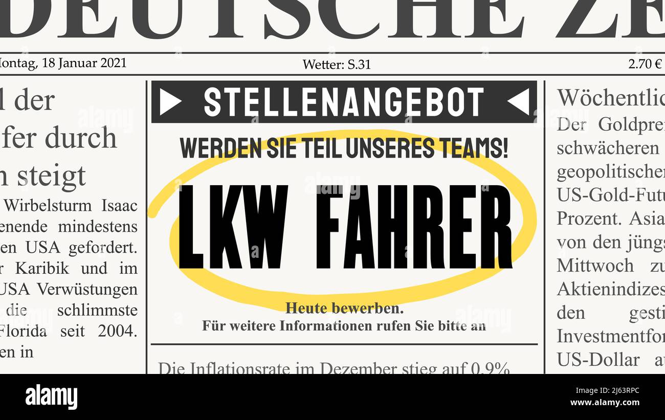 Chauffeur de camion (LKW Fahrer) - offre d'emploi en allemand. Annonce classée dans le journal. Tout le contenu de texte écrit par moi. Illustration de Vecteur