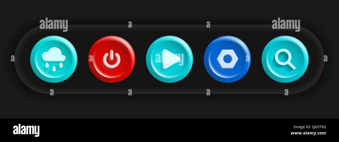 Icônes colorées de l'application d'interface utilisateur. Réglage des boutons Météo, Marche/Arrêt, lecture, Paramètres, Rechercher. Illustration vectorielle Illustration de Vecteur
