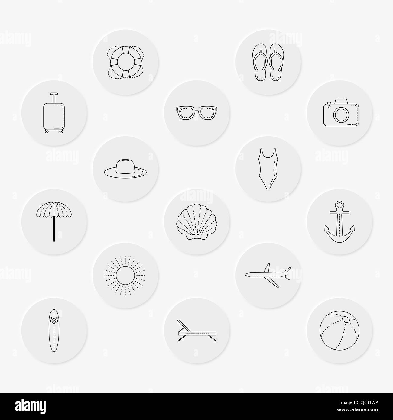 Icônes de vacances d'été avec contour noir avec bouton Illustration de Vecteur