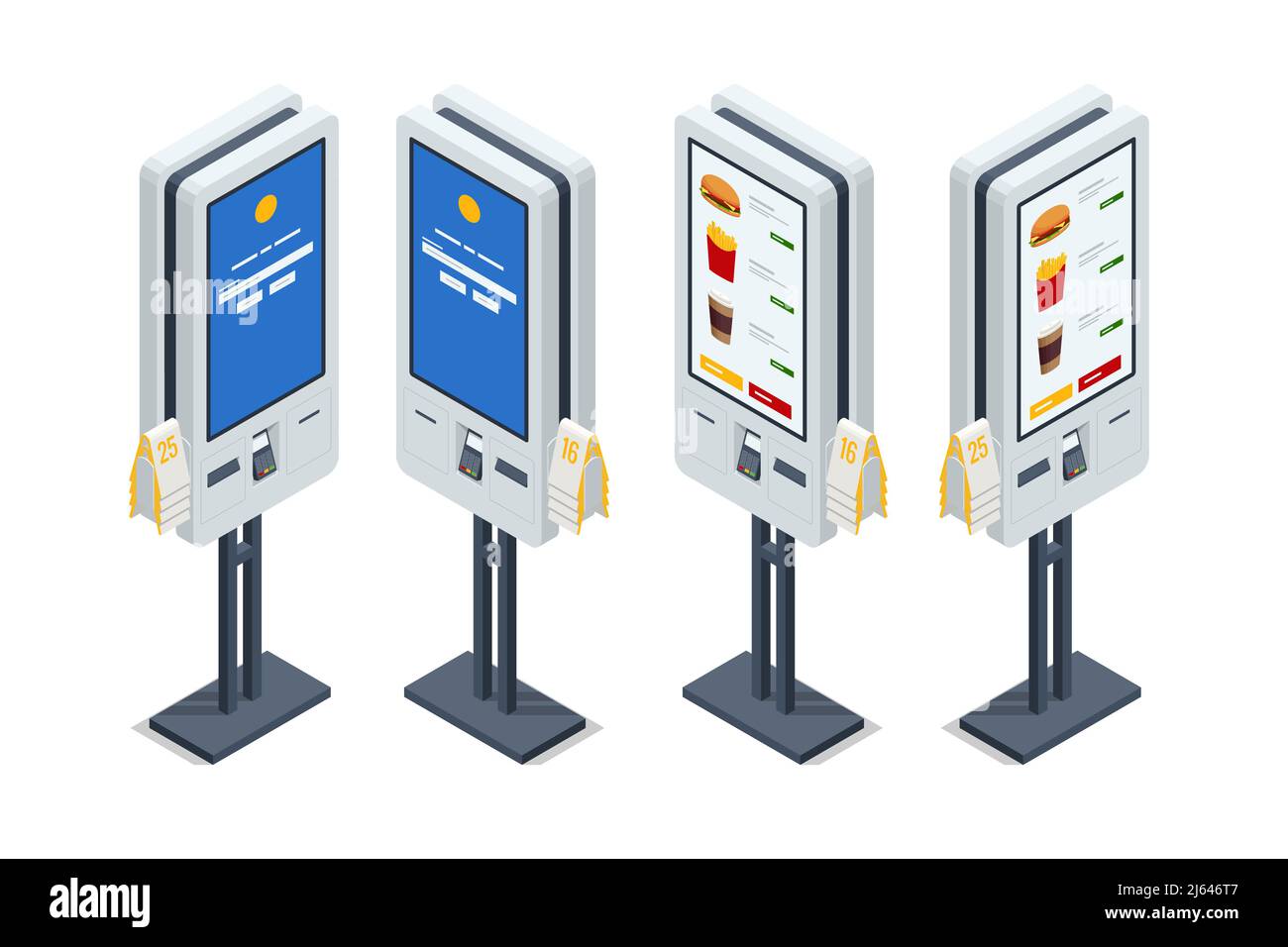 Bureau en libre-service isométrique avec écran tactile et terminal de paiement isolé sur fond blanc. Technologies modernes. Terminal de paiement en restauration rapide Illustration de Vecteur