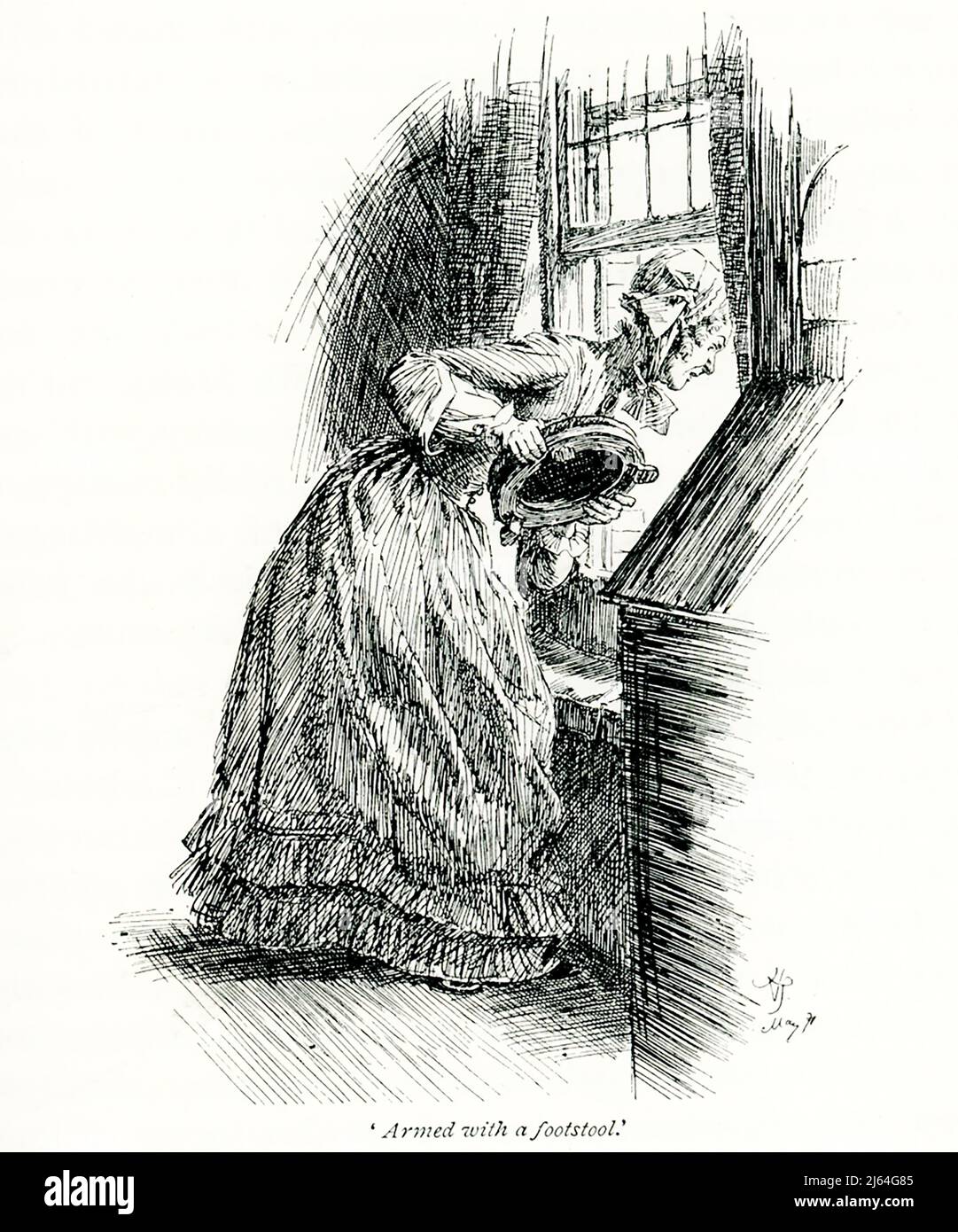 La légende de 1891 se lit comme suit : « armé avec un tabouret » – parlé par Mlle Matty. Il est tiré du roman de Mme Gaskell Cranford et illustré par Hugh Thomson. Elizabeth C Gaskell (décédée en 1865), souvent appelée Mme Gaskell, était une romancière, biographe et rédactrice de nouvelles en anglais. Ses romans offrent un portrait détaillé de la vie de nombreuses couches de la société victorienne, y compris les très pauvres. Son premier roman, Mary Barton, a été publié en 1848. La vie de Charlotte Brontë de Gaskell, publiée en 1857, est la première biographie de Brontë. Parmi les romans les plus connus de Gaskell se trouve Cranford (1851–5 Banque D'Images