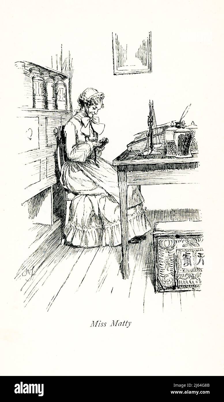 La légende de 1891 se lit comme suit : « Miss Matty ». Il est tiré du roman de Mme Gaskell Cranford et illustré par Hugh Thomson. Elizabeth C Gaskell (décédée en 1865), souvent appelée Mme Gaskell, était une romancière, biographe et rédactrice de nouvelles en anglais. Ses romans offrent un portrait détaillé de la vie de nombreuses couches de la société victorienne, y compris les très pauvres. Son premier roman, Mary Barton, a été publié en 1848. La vie de Charlotte Brontë de Gaskell, publiée en 1857, est la première biographie de Brontë. Parmi les romans les plus connus de Gaskell se trouve Cranford (1851–53). Hugh Thomson (décédé en 1920) était un irlandais Banque D'Images