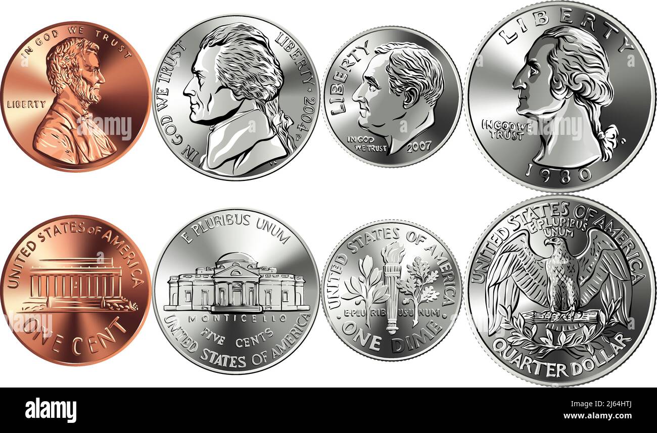 Ensemble de foies et de foies de l'argent américain, une, cinq, dix et vingt-cinq cents pièces Illustration de Vecteur