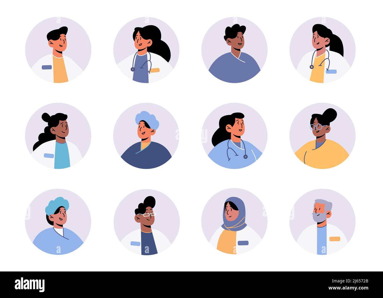 Avatars des médecins et du personnel de santé de l'hôpital, ensemble d'icônes rondes isolées. Visages de médicaments en peignoirs avec stéthoscopes, personnages d'infirmières de clinique, profession de médecine, illustration linéaire de vecteur plat Illustration de Vecteur