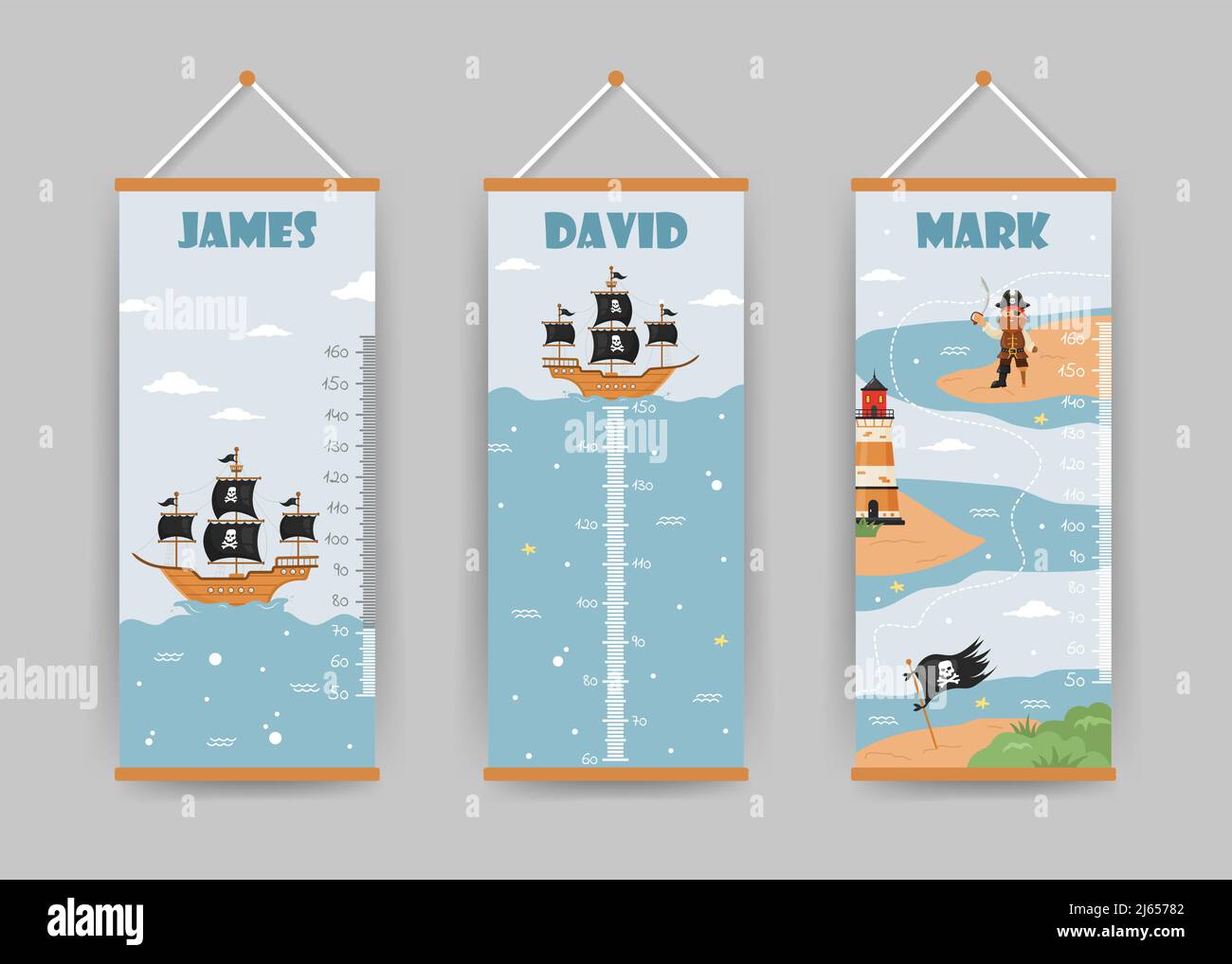 Collection de tableaux de hauteur pour enfants. Mur du mètre avec capitaine pirate, navire et drapeau. Illustration vectorielle en style de dessin animé Doodle. Graphique de croissance puérile Illustration de Vecteur