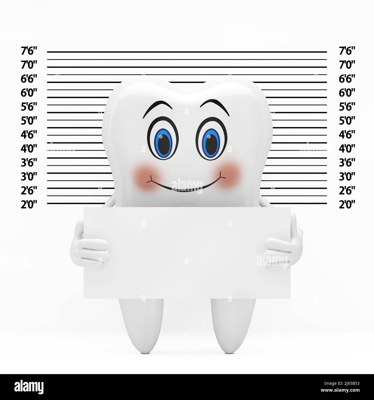 Mascotte de personnage de la personne de la dent blanche avec plaque d'identification devant la police de la gamme ou de l'arrière-plan de Mugshot extrême gros plan. 3D rendu Banque D'Images