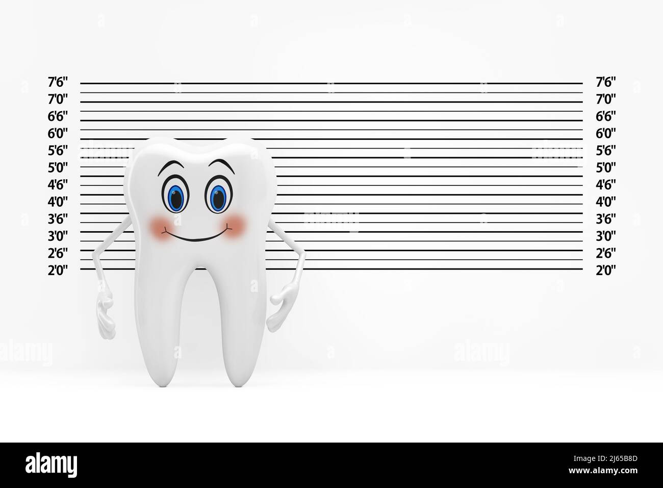 Mascotte de personnage de la personne de la dent blanche devant la police ligne ou Mugshot arrière-plan extrême de gros plan. 3D rendu Banque D'Images