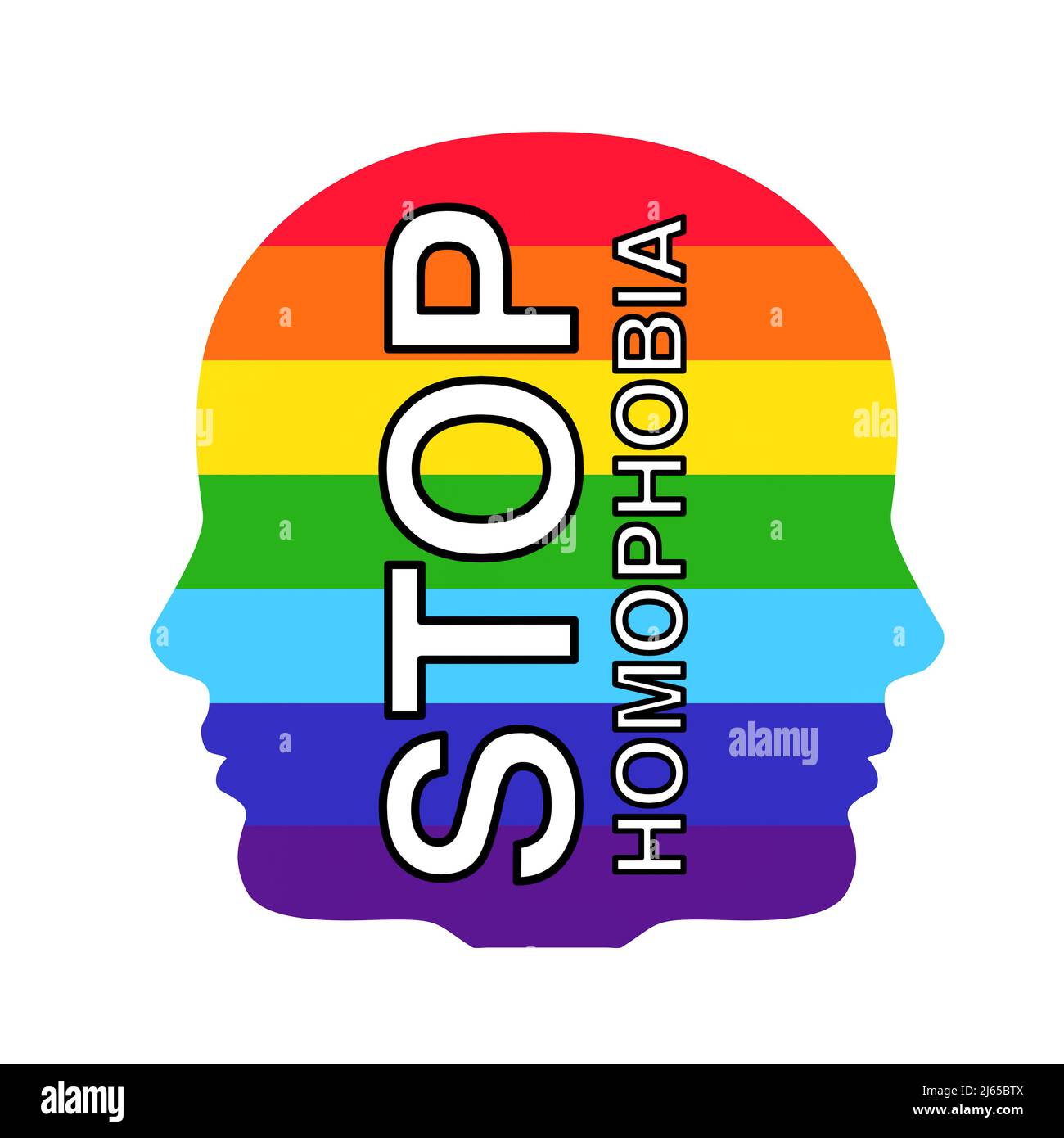Le drapeau de la fierté arc-en-ciel LGBT en forme de deux têtes avec Stop homophobie signe sur un fond blanc. 3D rendu Banque D'Images