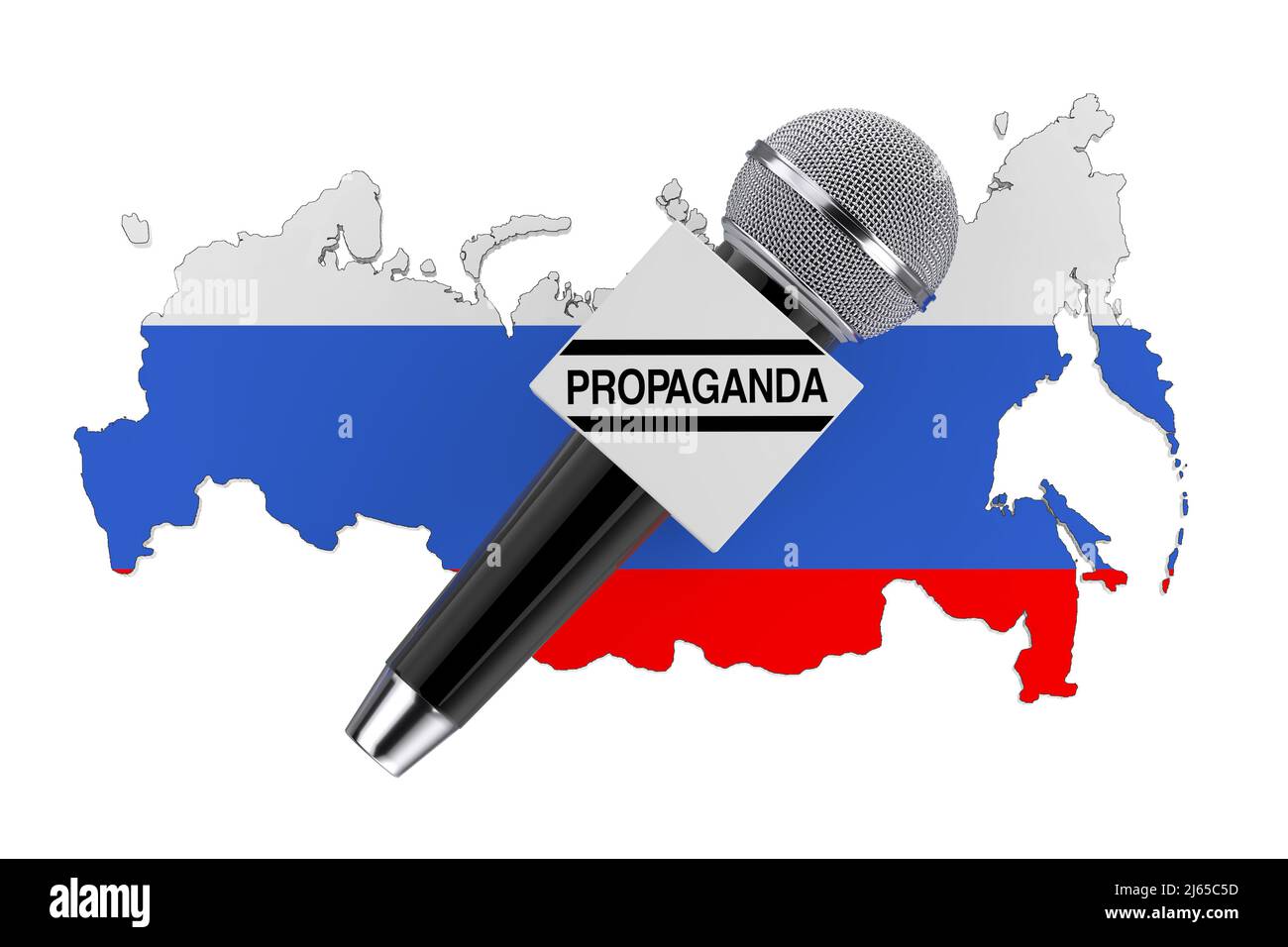 Concept de propagande russe. Microphone moderne avec propagande signe en face de la carte russe sur fond blanc. 3D rendu Banque D'Images