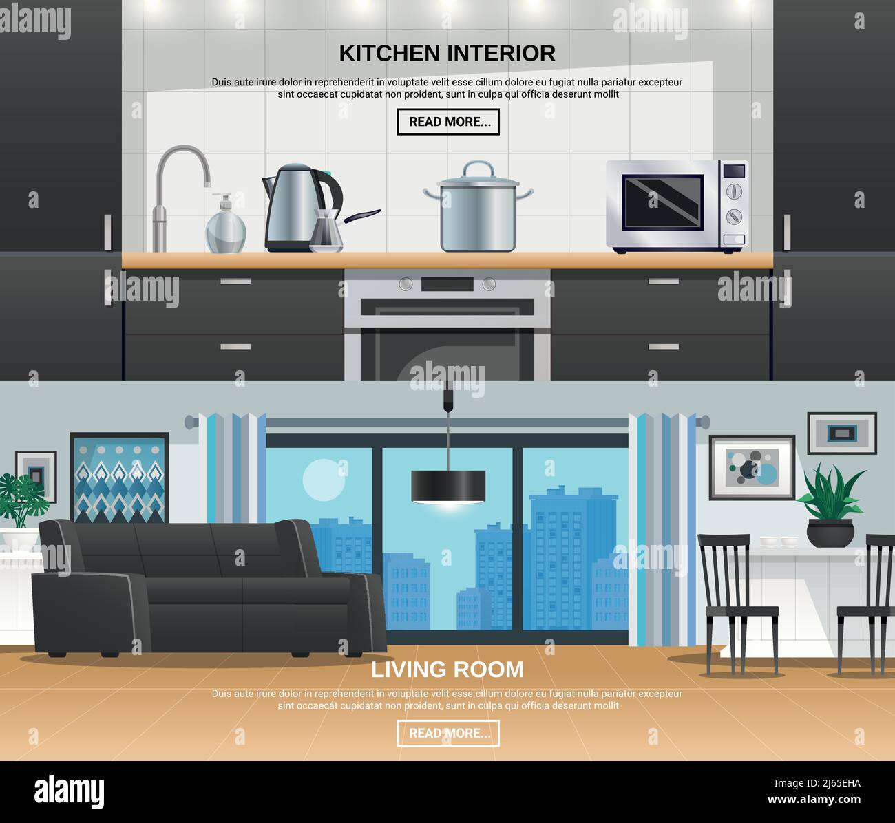 Cuisine moderne et salon design intérieur 2 site Internet horizontal banderoles avec meubles électroménagers ustensiles illustration vectorielle Illustration de Vecteur