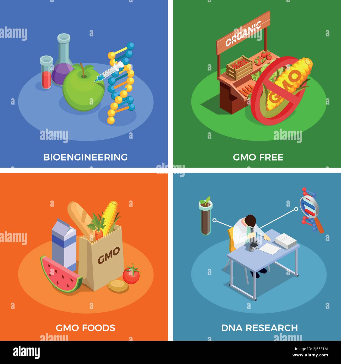 Organismes génétiquement modifiés concept de conception isométrique avec bio-ingénierie, recherche sur l'adn, aliments ogm illustration de vecteur isolé Illustration de Vecteur