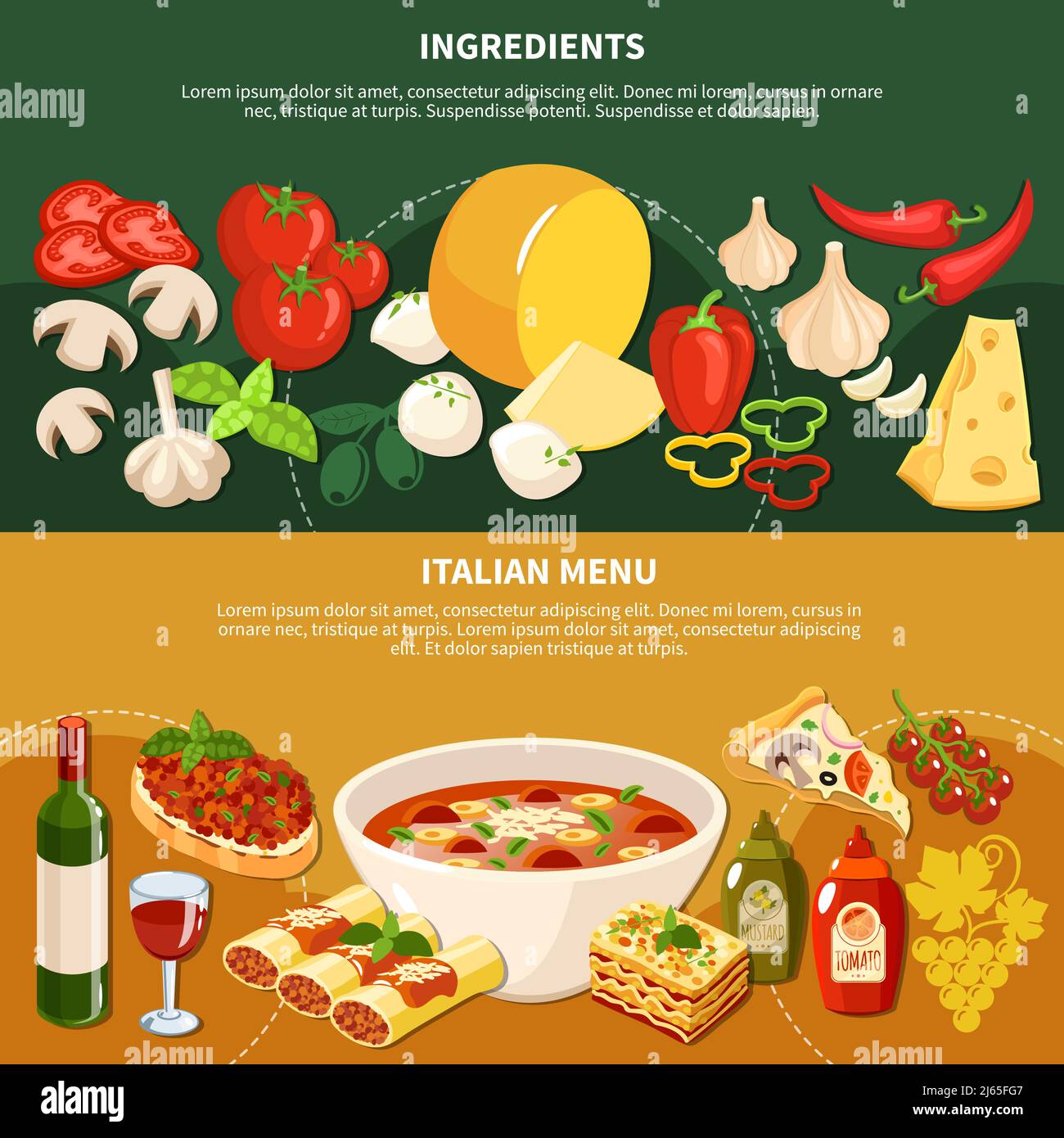 Banderoles horizontales au menu italien avec ingrédients et plats traditionnels illustration vectorielle plate de la cuisine nationale Illustration de Vecteur