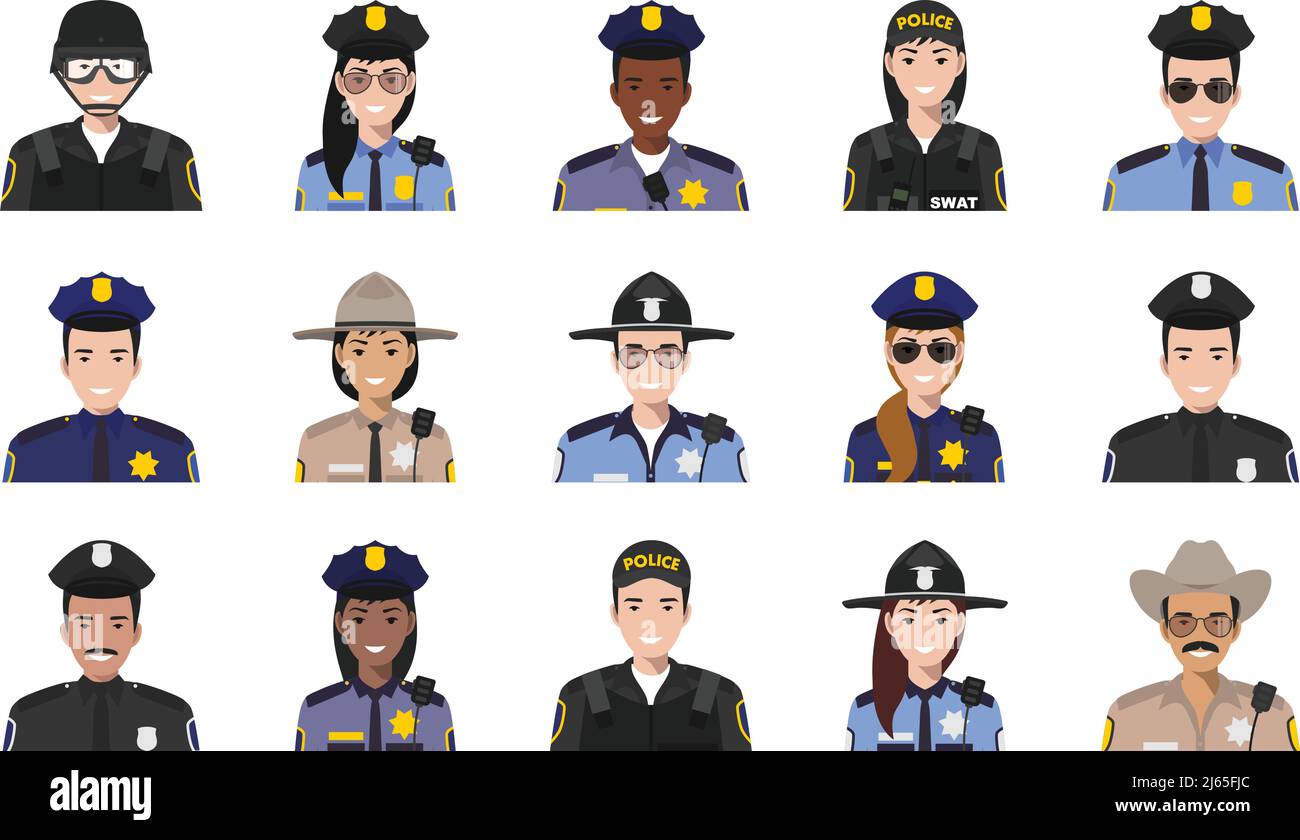 Ensemble d'icônes colorées de police de style plat: shérif, officier de SWAT, policier et policier. Illustration vectorielle. Illustration de Vecteur