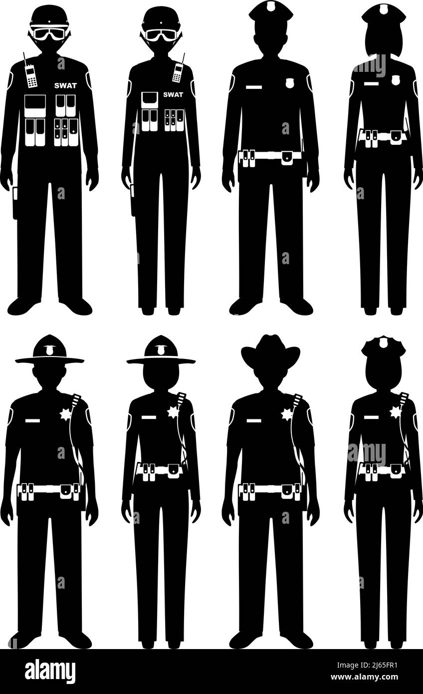 Concept de police. Ensemble de différentes silhouettes de shérif, officier de SWAT, policier et policier de style plat sur fond blanc. Illustration de Vecteur