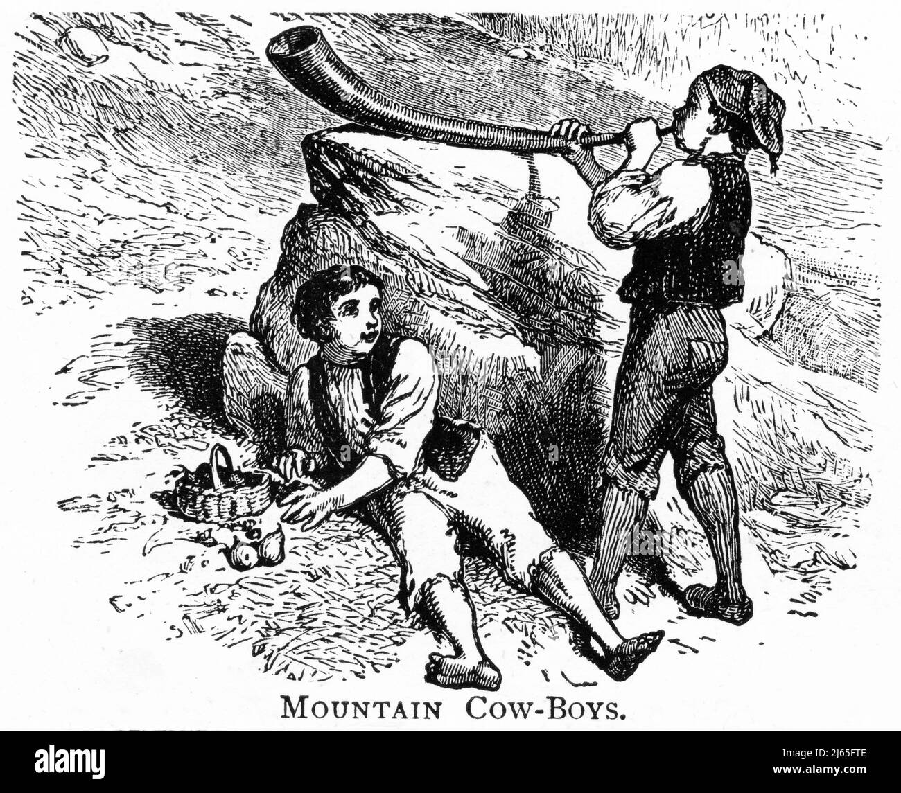 Gravure de garçons suisses tendant aux vaches et soufflant des trompettes traditionnelles à la fin de 1800s Banque D'Images