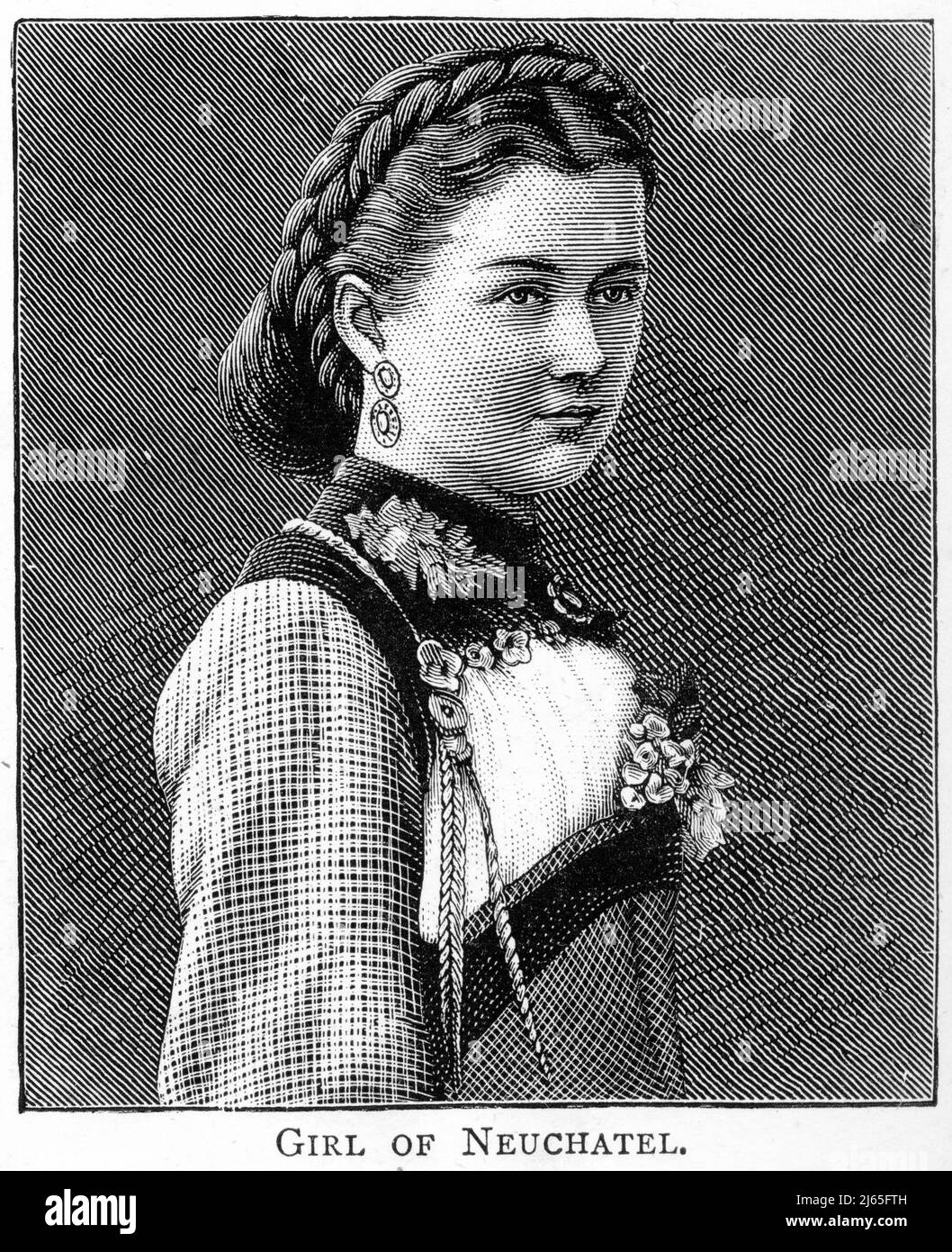 Portrait gravé d'une jeune femme de Neuchâtel en France, vers 1880 Banque D'Images