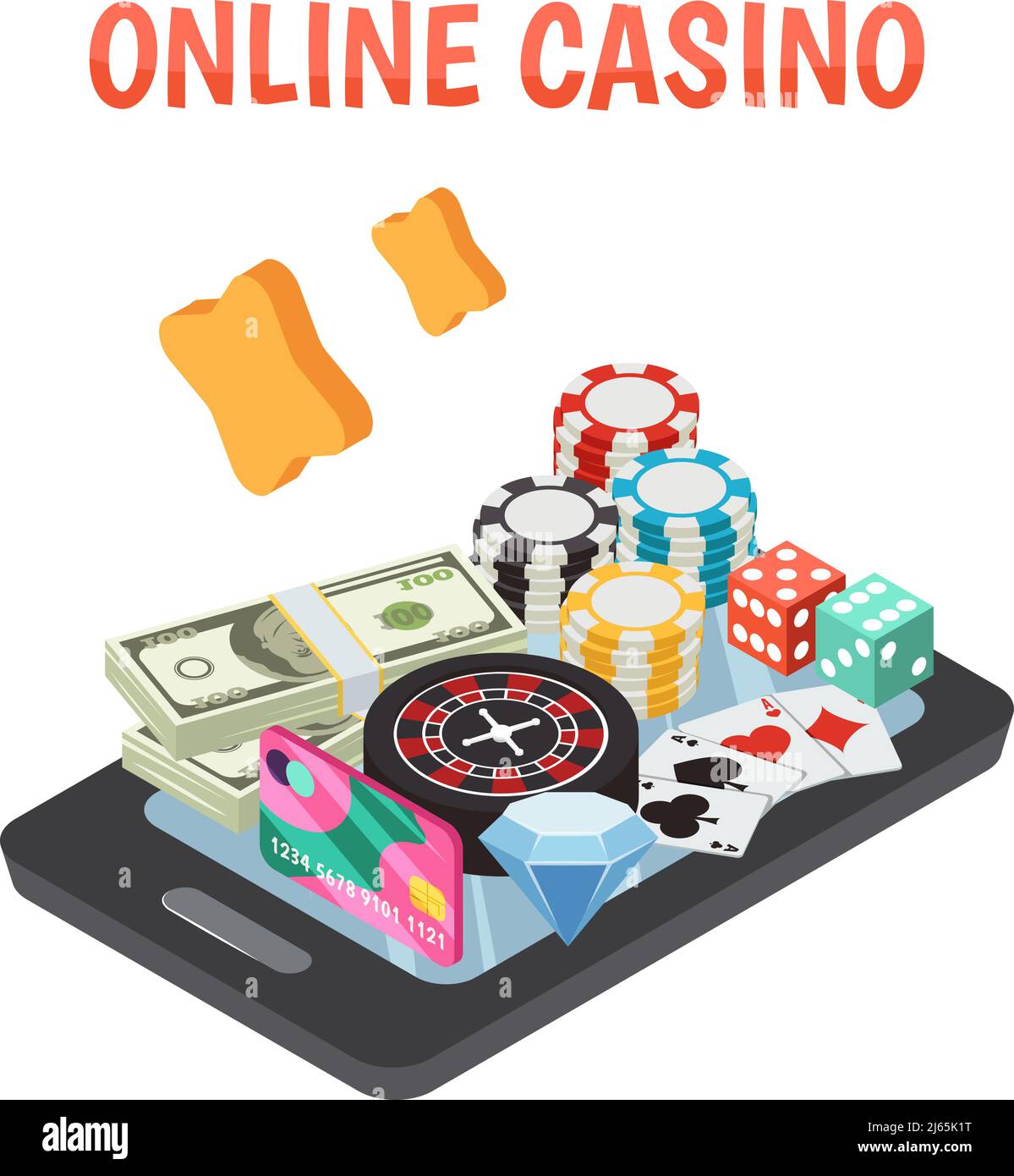 Jeu de conception de casino en ligne de jeux de roulette dés jetons des icônes sur l'écran du smartphone illustration vectorielle isométrique Illustration de Vecteur