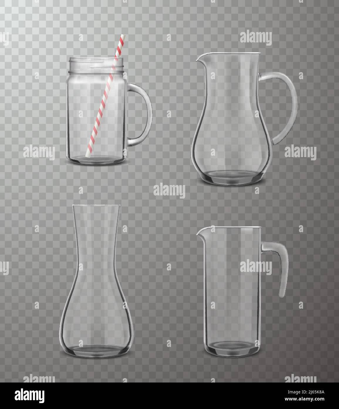 Quatre cruches isolées en verre de différentes formes dans un style réaliste sur une illustration vectorielle transparente en arrière-plan Illustration de Vecteur