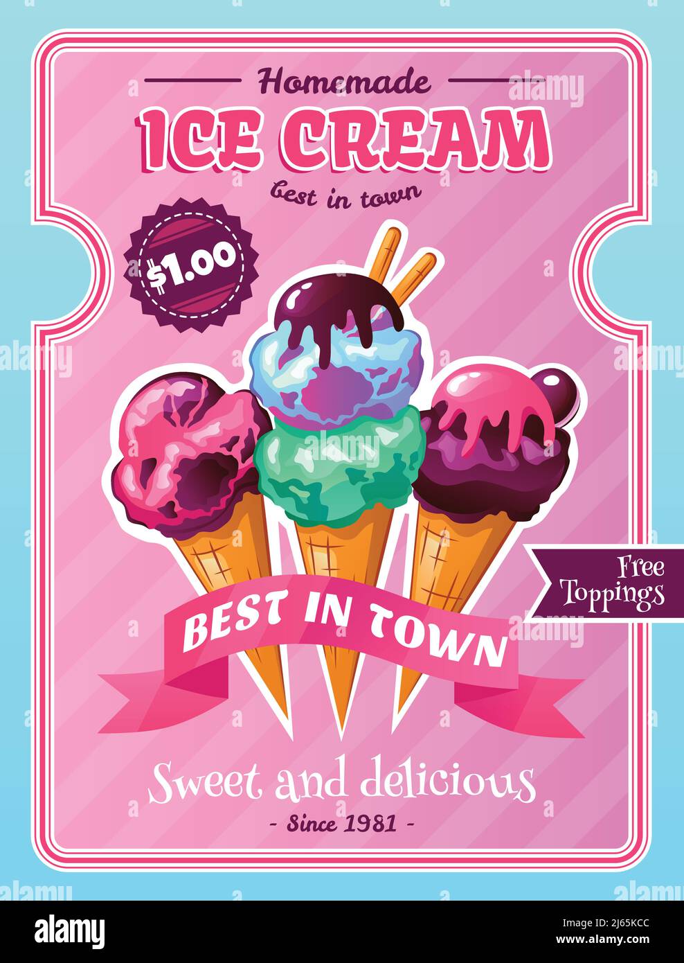 Affiche publicitaire sur les desserts faits maison du café à la crème glacée avec de délicieux cônes illustration vectorielle de fond rose avec garnitures en chocolat Illustration de Vecteur