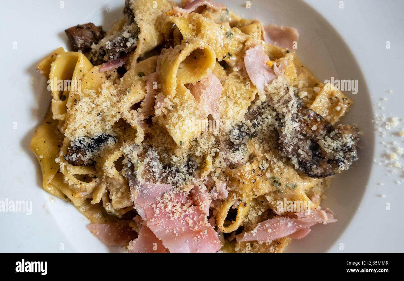 Pâtes paappardelle au jambon, aux champignons et au fromage Banque D'Images