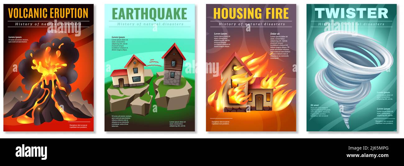 Catastrophes naturelles 4 affiches colorées avec feu de maisons de tremblement de terre illustration du vecteur isolé de l'éruption volcanique de tornado twister Illustration de Vecteur