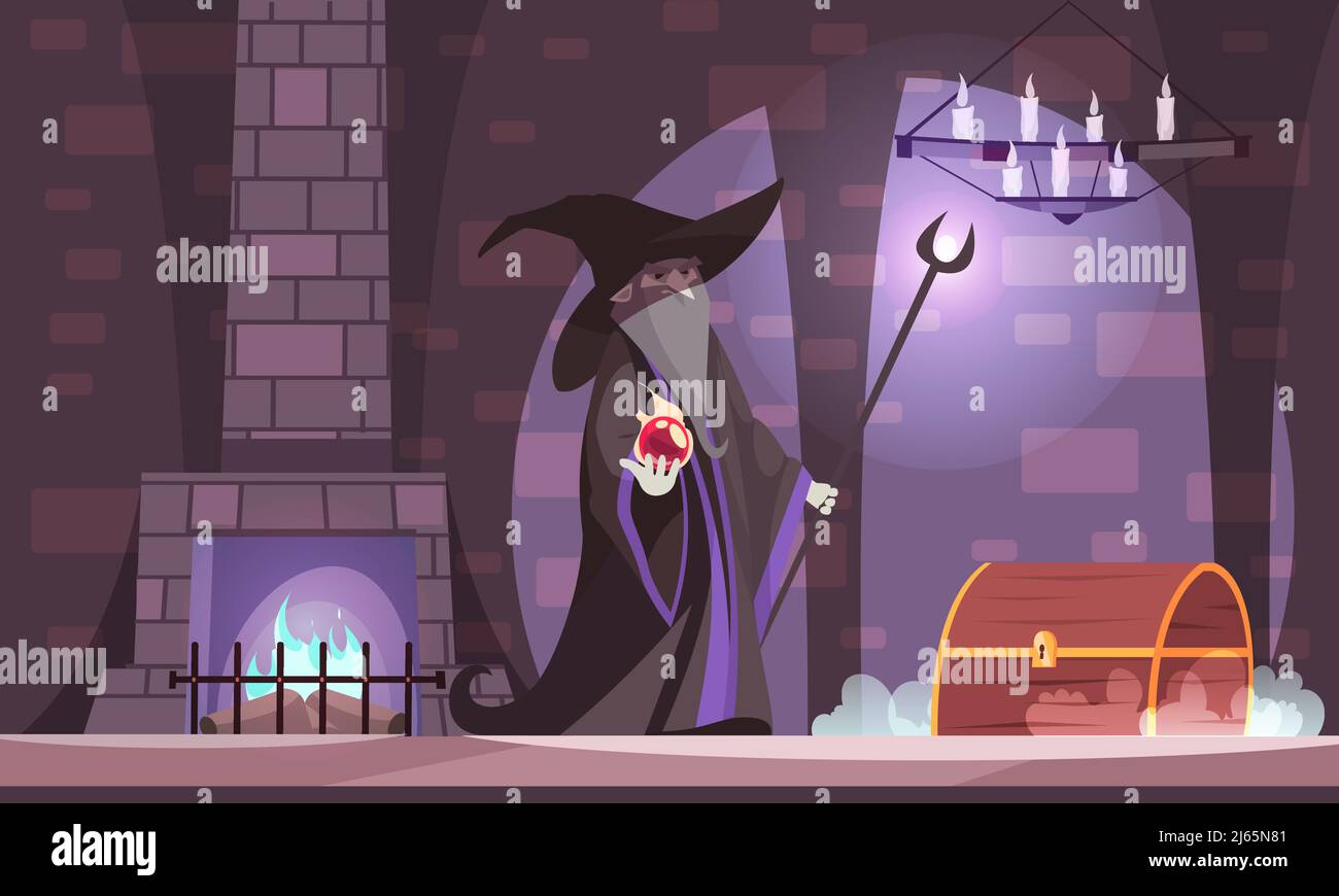 Méchant magicien dans chapeau de sorcière méchant avec Trésor de boule de puissance illustration vectorielle de la poitrine dans la chambre du château sombre Illustration de Vecteur