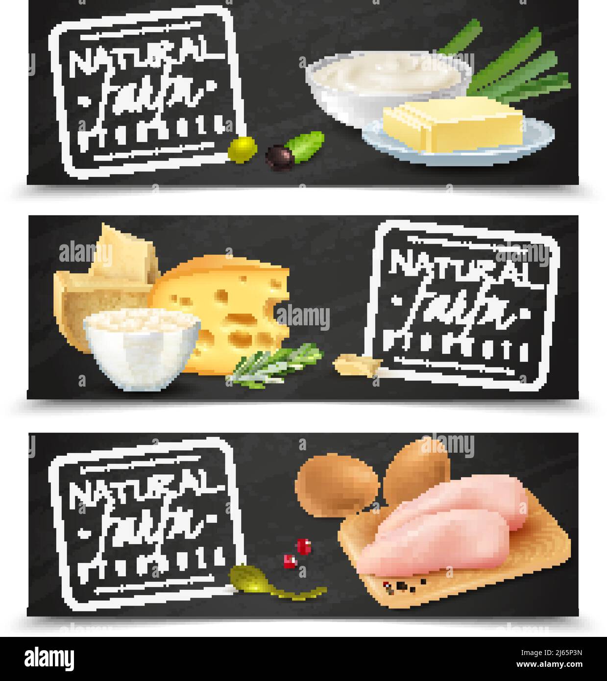 Banderoles horizontales de produits agricoles naturels avec œufs de beurre au fromage aigre filet de poulet crème icônes réalistes illustration vectorielle Illustration de Vecteur