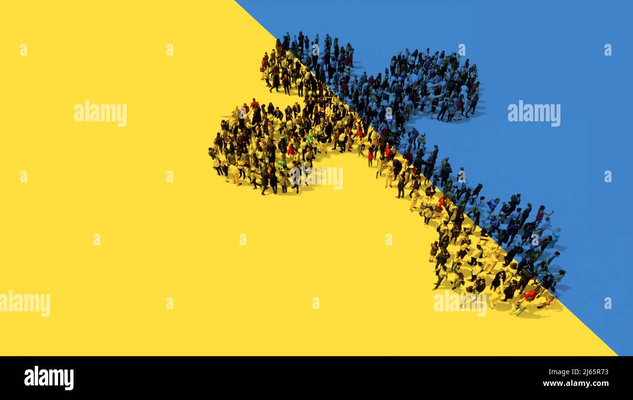 Concept ou communauté conceptuelle de personnes formant l'image de la croix chrétienne religieuse sur le drapeau ukrainien. 3D métaphore de l'illustration pour Dieu, Christ Banque D'Images