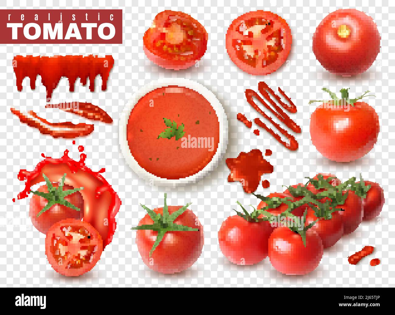 Tomate réaliste sur fond transparent avec images isolées de tranches de fruits entiers éclaboussures de l'illustration du vecteur de jus Illustration de Vecteur