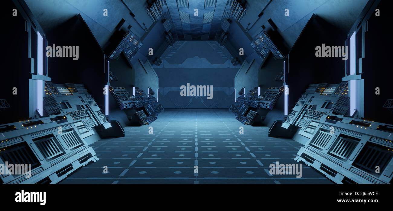 Intérieur bleu abstrait de la pièce de 3D rendus avec lampes au néon bleues. Architecture futuriste arrière-plan bleu extraterrestre. 3d rendu Banque D'Images