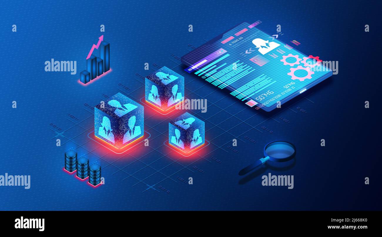 Solutions logicielles de gestion du capital humain - HCM - technologies qui aident les entreprises à gérer leurs employés - Illustration conceptuelle 3D Banque D'Images