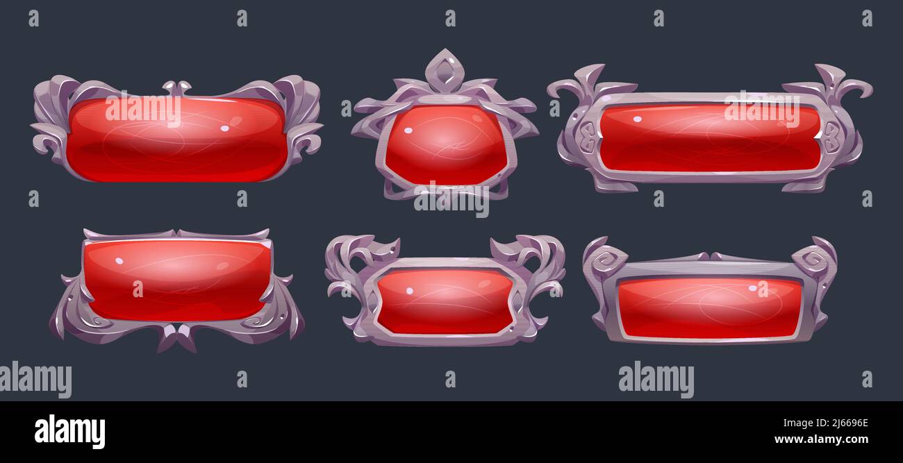 Cadres de jeu, décors de menu d'interface utilisateur médiévaux avec bords argentés et plaques brillantes en verre rouge. 2d boutons ou bannières éléments, vide royal gui barres pour rpg ou a Illustration de Vecteur