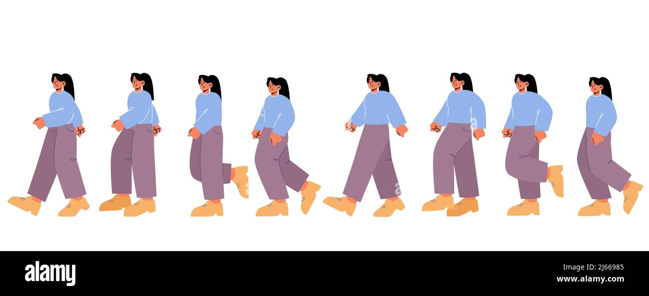 Séquence de cycle de marche des personnages Femme dans la vue latérale. Illustration vectorielle plate des étapes de fille dans différentes postures. Feuille d'animation de marche fema Illustration de Vecteur