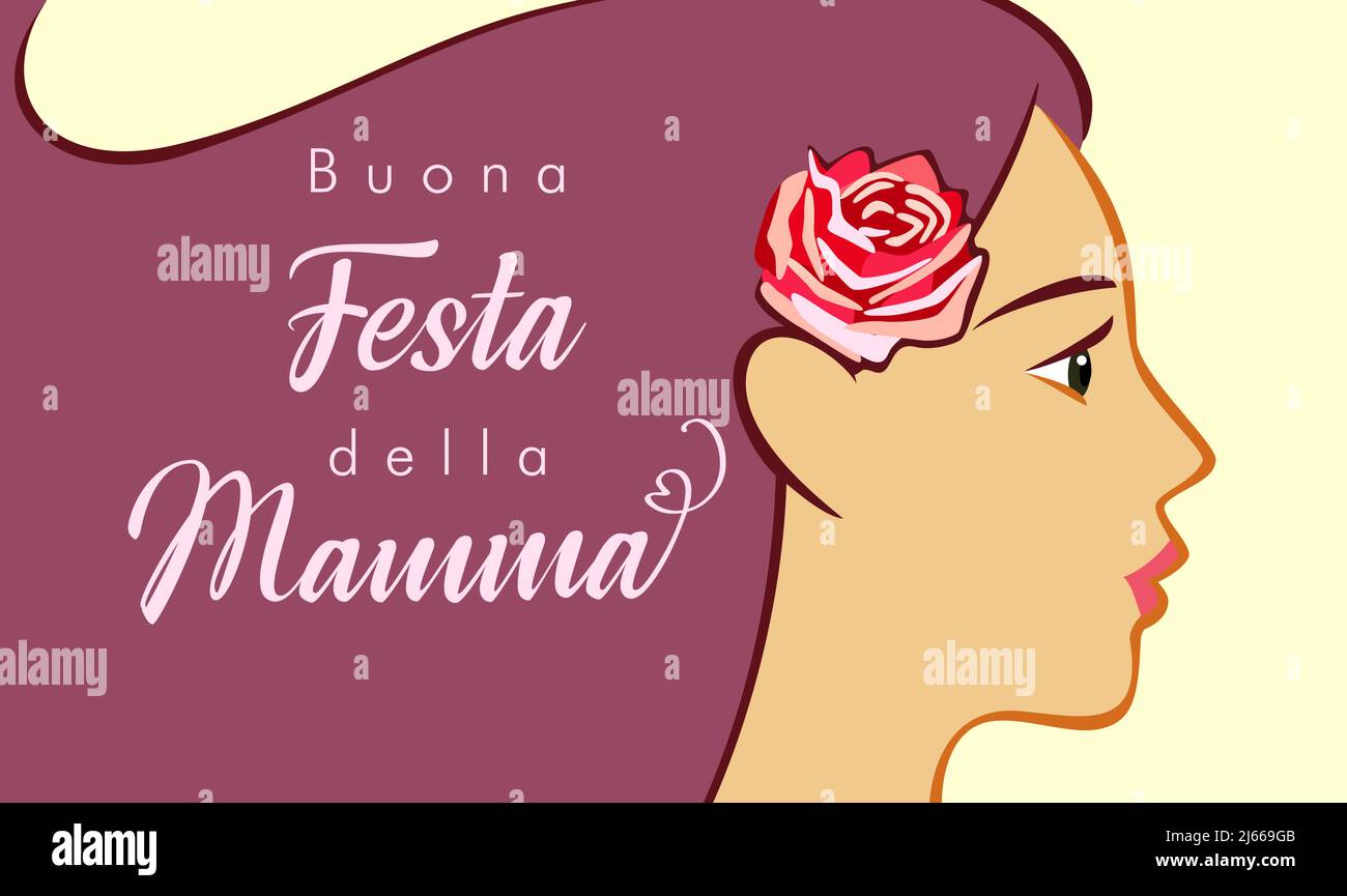 Beau visage de femme avec le typographe italien Buona Festa della Mamma, cela signifie la fête des mères heureuse, les fêtes des mères heureuse. Jolie dame, P Illustration de Vecteur