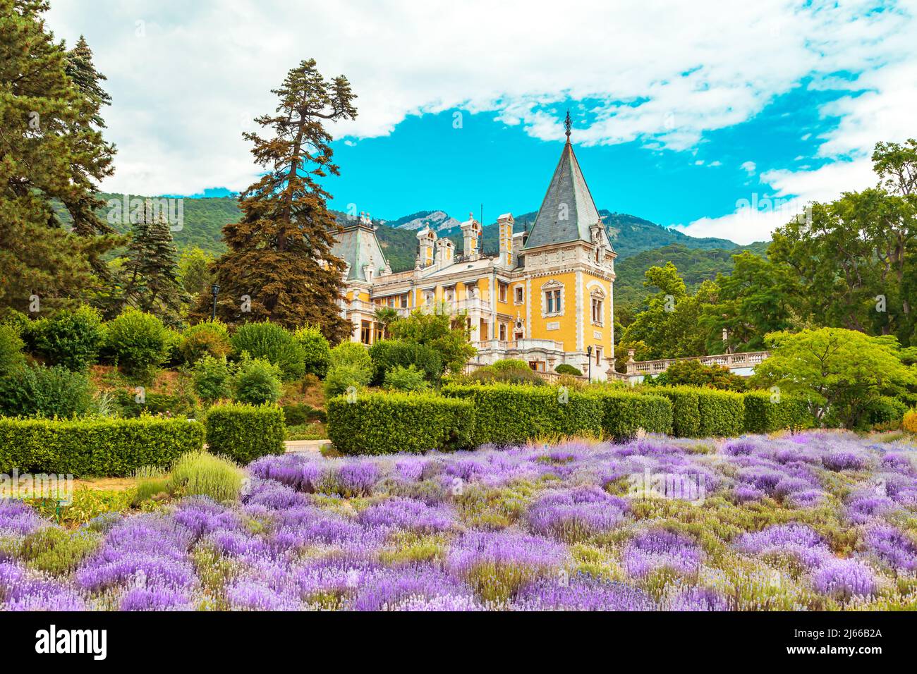 Palais Massandra et petit champ de lavande en Crimée. Crimée, Russie - 22 juin 2019. Banque D'Images