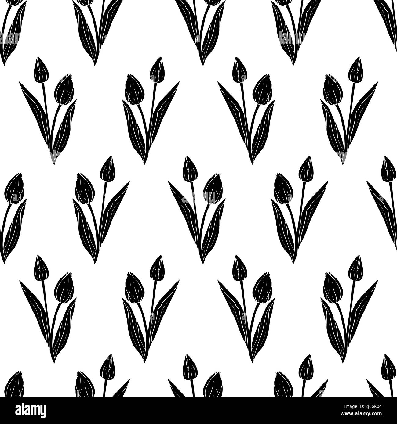 Motif monochrome vintage sans couture avec tulipes fleurs silhouettes noires sur blanc Illustration de Vecteur