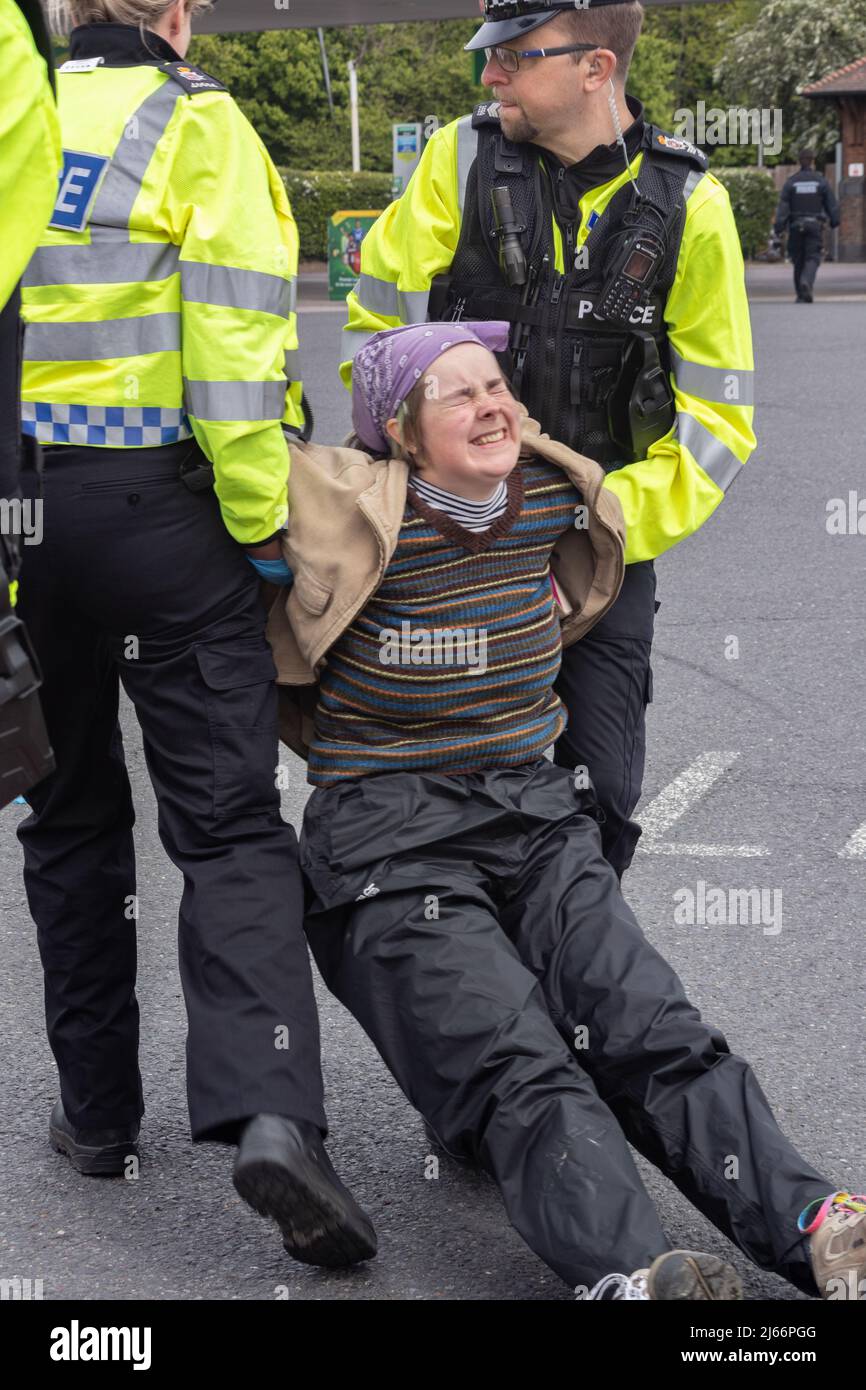 Kent, Royaume-Uni. 28 avril 2022 des manifestants de Just Stop blocus pétrolier le garage BP de Clacket Lane Services le M25. La police arrive pour dégluer et arrêter tous les manifestants. Crédit : Denise Laura Baker/Alay Live News Banque D'Images