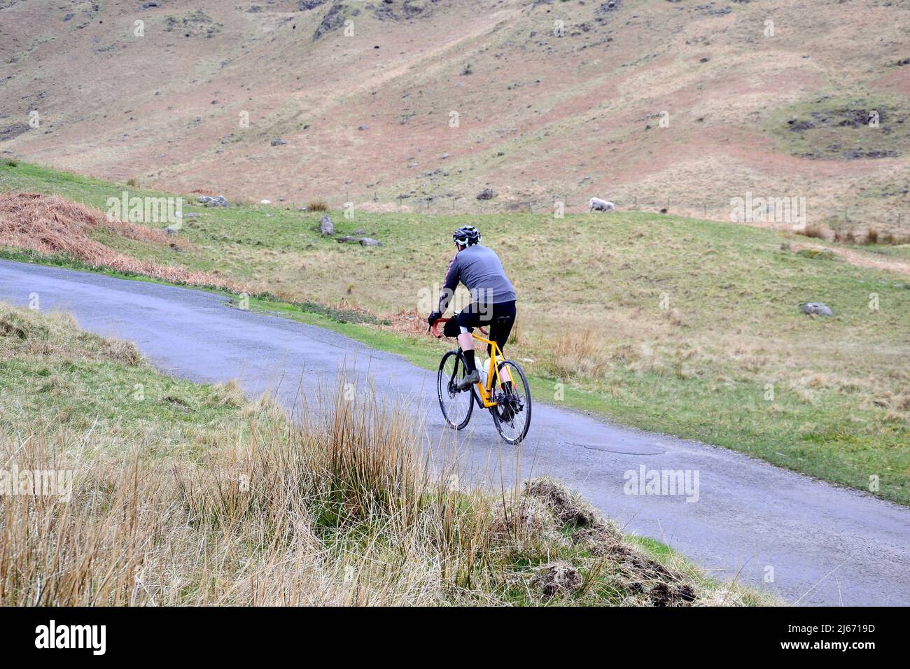 Un cycliste commence à monter sur le col HardKnott, l'un des cols abrupts de Lakeland que le défi Fred Whitton suivra. Il s'agit de l'une des nombreuses routes du Lake District, Cumbria, Angleterre, Royaume-Uni, sera fermée le 8th mai 2022, lorsque 2 500 cyclistes emprunteront la route Fred Whitton Challenge. Le défi Fred Whitton est un événement caritatif cyclosportif qui a lieu chaque année dans le district de English Lake. Il est tenu à la mémoire de Fred Whitton, secrétaire de course du Lakes Road Club, qui est décédé d'un cancer à l'âge de 50 ans en 1998. Banque D'Images