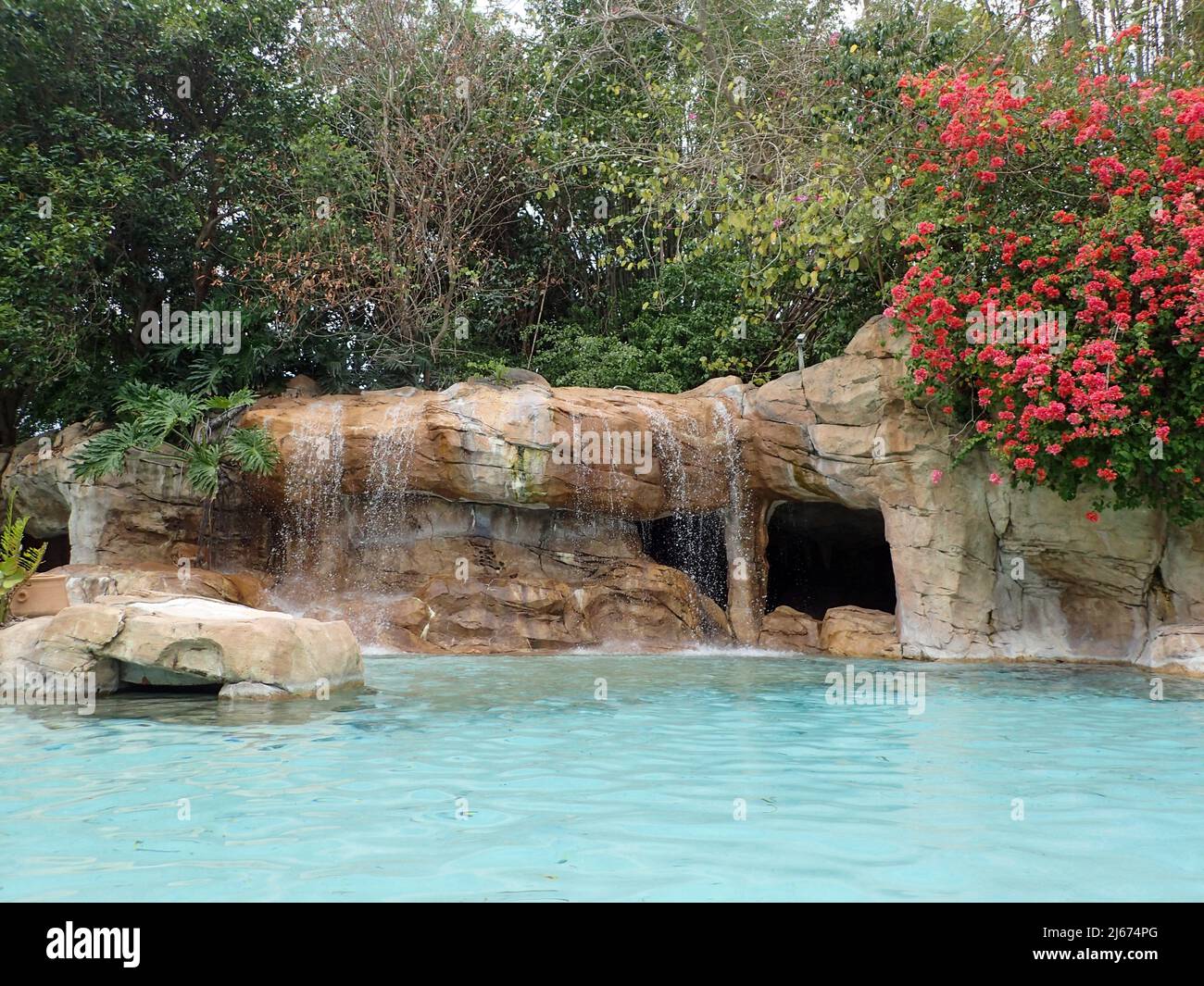 Orlando, FL USA - 21 mai 2021 : la piscine et l'aménagement paysager de la rivière lente au parc Discovery Cove à Orlando, en Floride. Banque D'Images