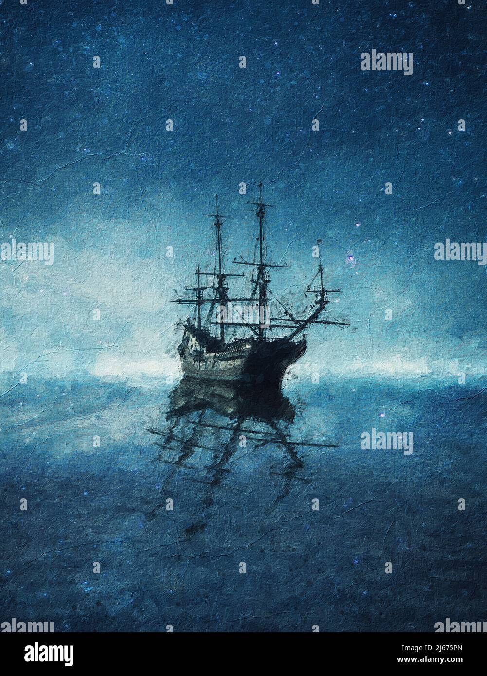 Belle peinture d'un navire fantôme flottant sur la mer bleue sous le ciel étoilé. Magnifique paysage marin avec un bateau à l'horizon qui se reflète sur le Th Banque D'Images