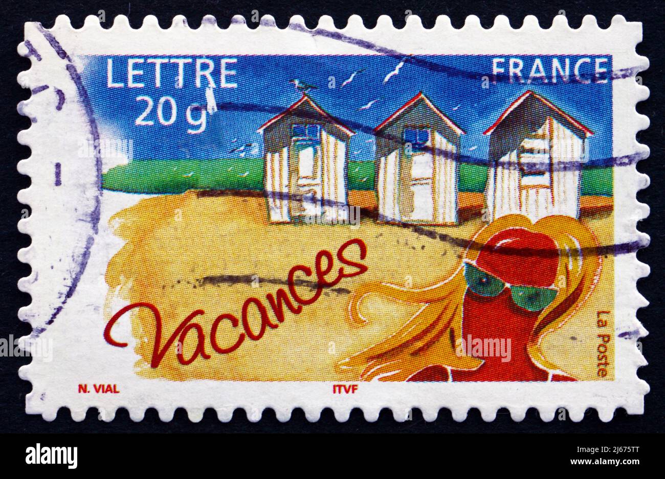 FRANCE - VERS 2005 : un timbre imprimé en France montre Beach Cabins, Vacation, vers 2005 Banque D'Images