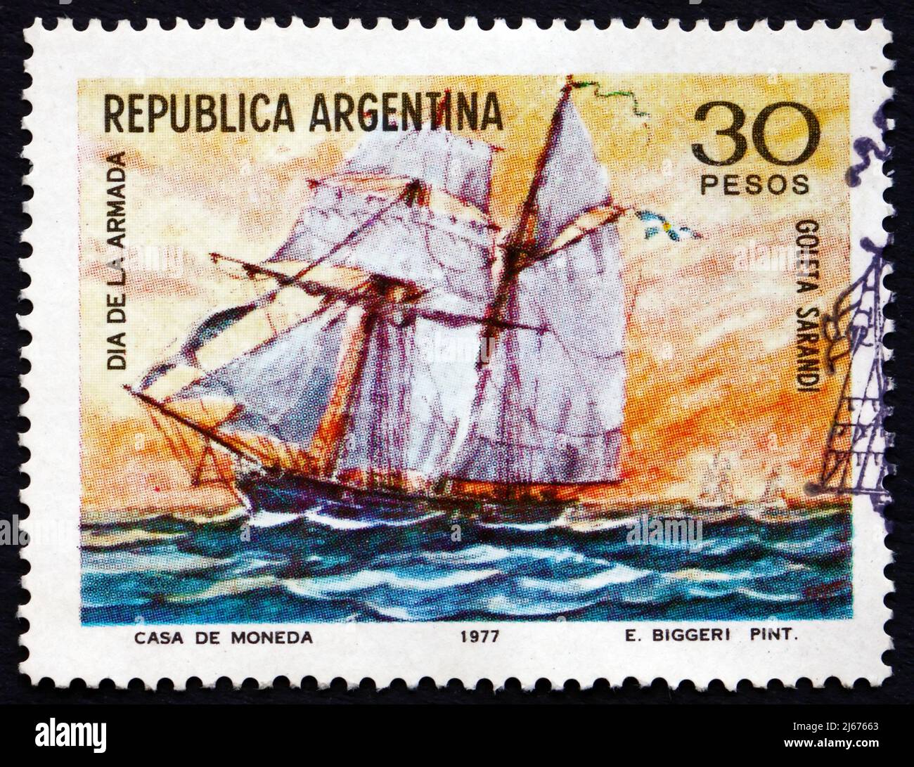 ARGENTINE - VERS 1977: Un timbre imprimé en Argentine montre Schooner Sarandi, peinture par Emilio Biggeri, vers 1977 Banque D'Images
