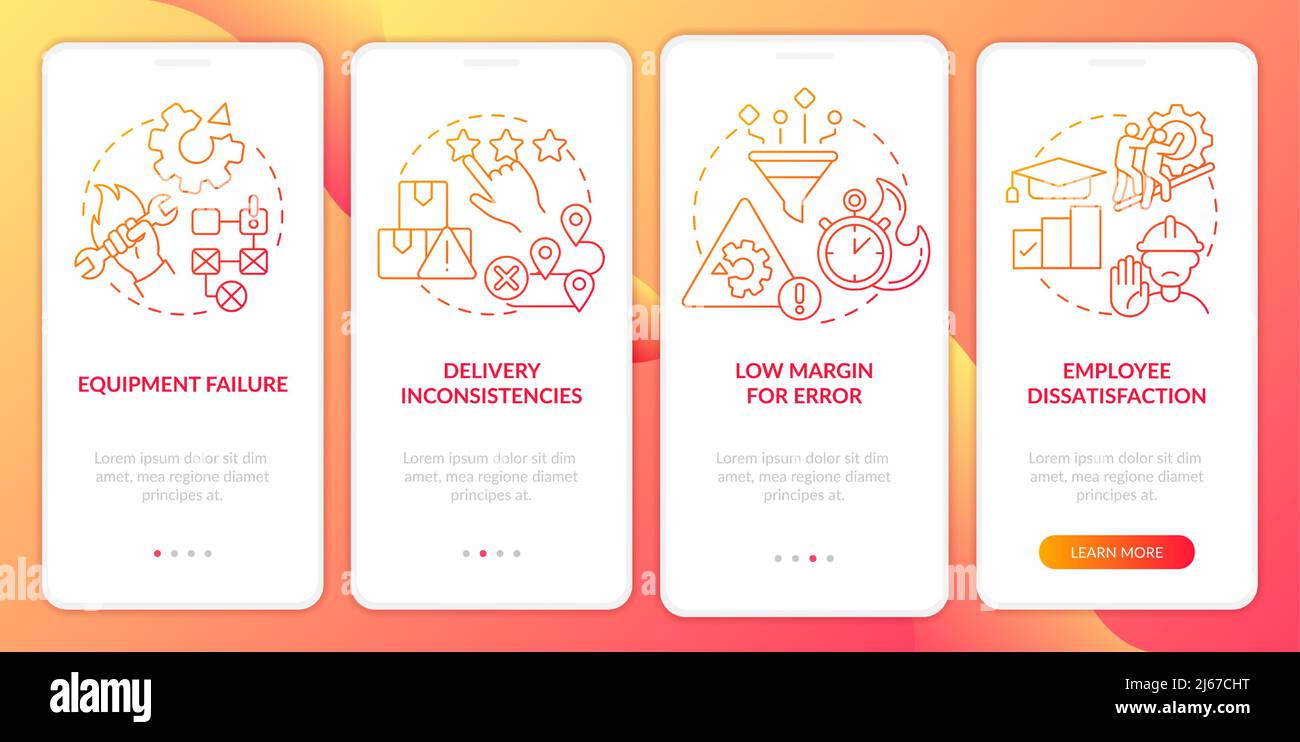 Inconvénients de la production allégée Red gradient Onboarding Mobile App Screen Illustration de Vecteur