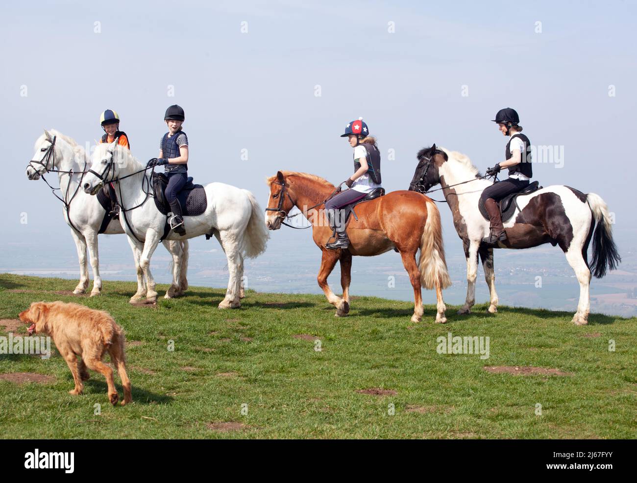 Cavaliers à cheval poneys sur les collines de Bredon dans la vallée d'Evesham Worcestershire Angleterre Banque D'Images